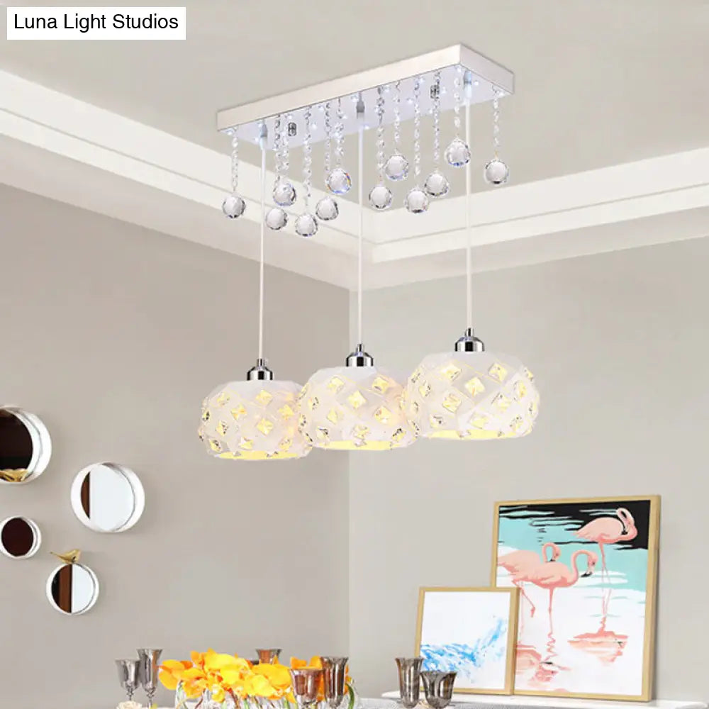 White Drum Hanging Pendant Light With Crystal Ball Accent - 3-Bulb Metal Ceiling Lamp