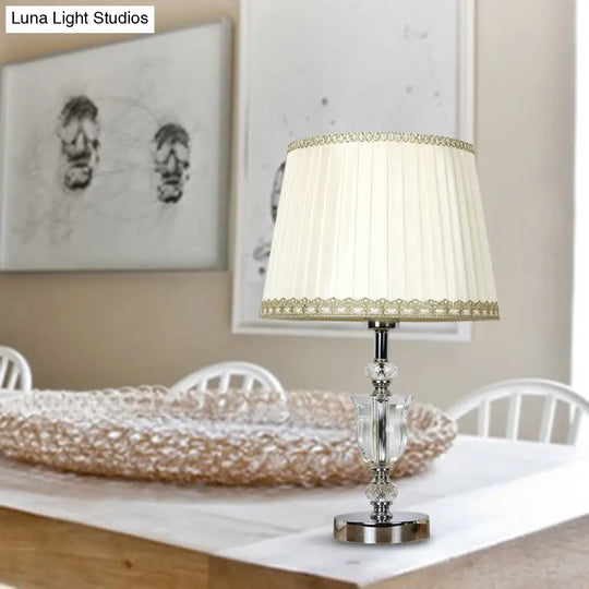 White Drum Table Lamp With Crystal Accent - Elegant Bedroom Nightstand Light