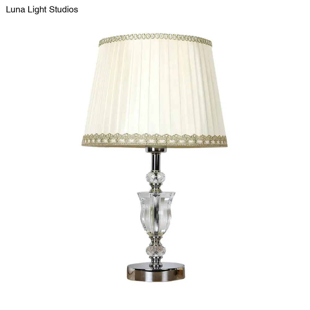 White Drum Table Lamp With Crystal Accent - Elegant Bedroom Nightstand Light