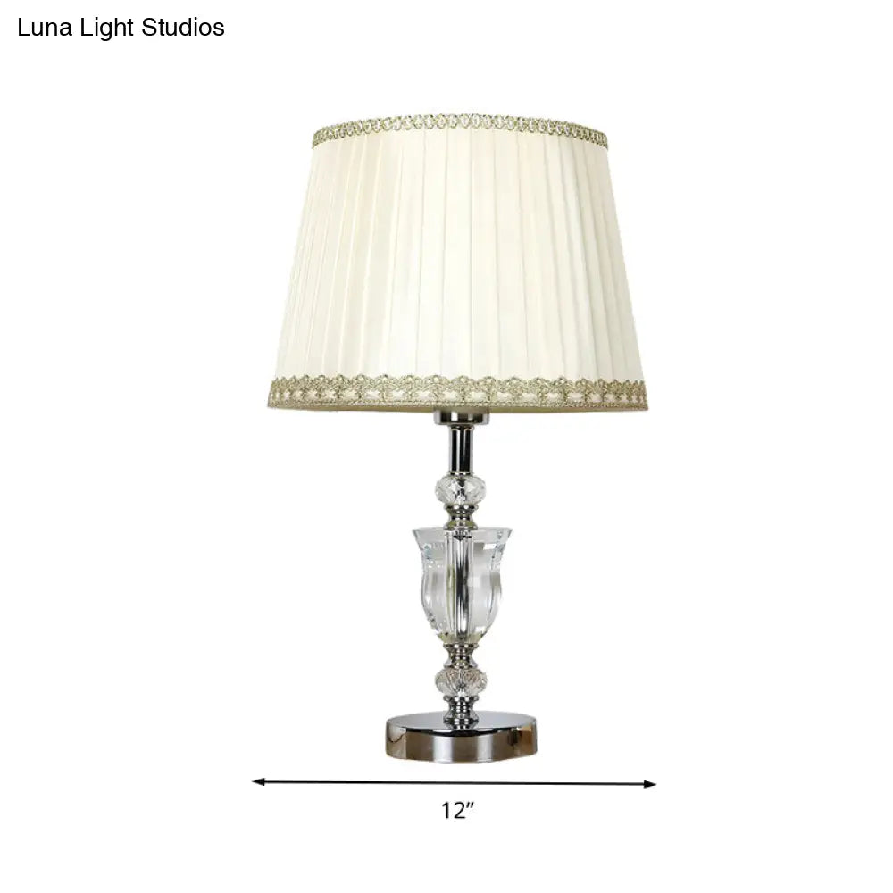 White Drum Table Lamp With Crystal Accent - Elegant Bedroom Nightstand Light