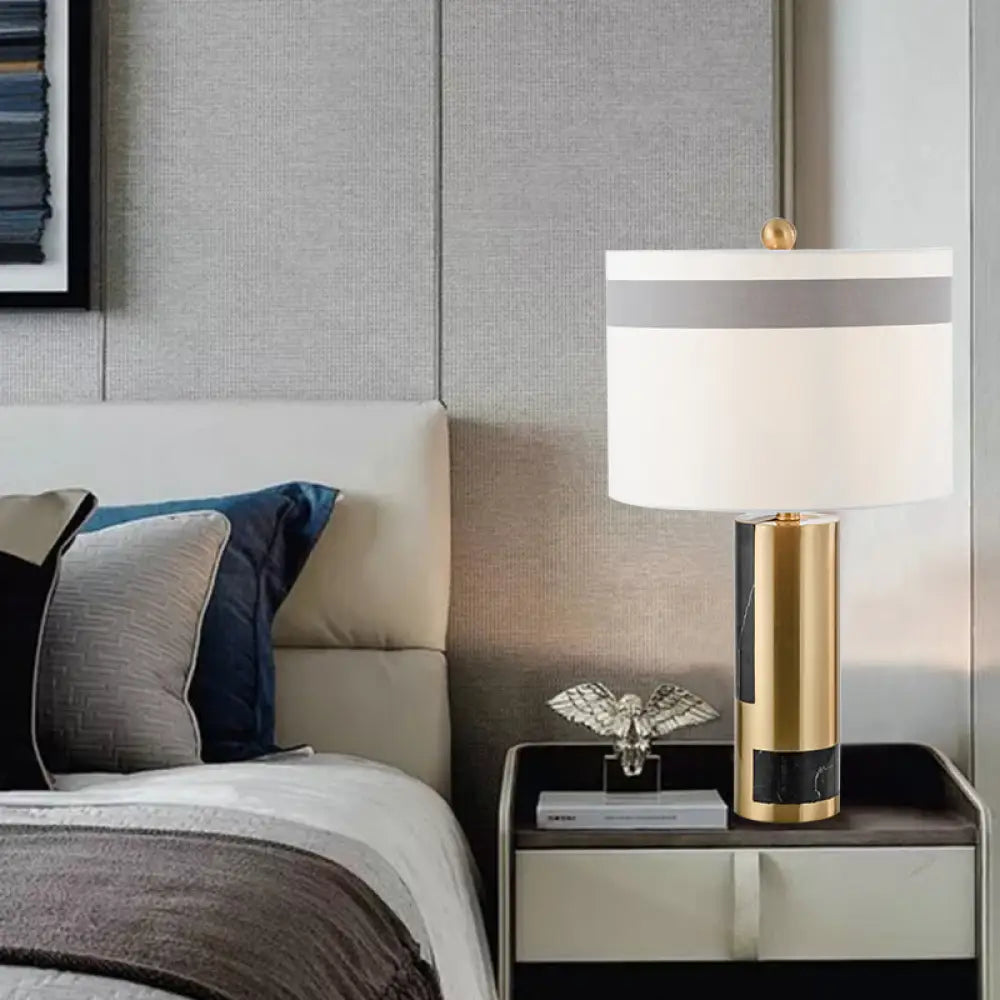 White Drum Table Lamp With Fabric Shade For Bedroom