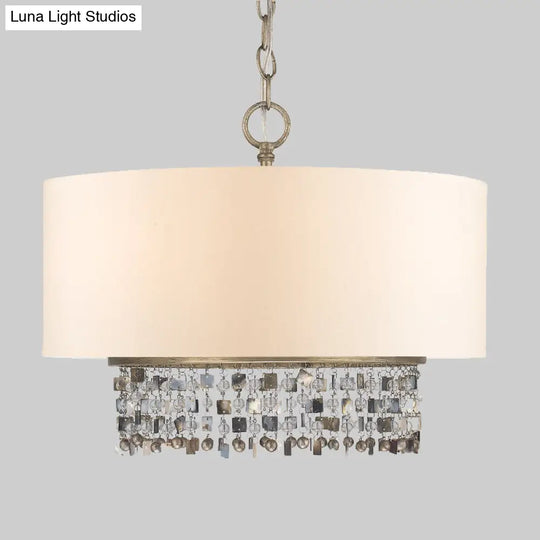 White Fabric Ceiling Chandelier Drum Shade Pendant Light - 5-Light Fixture With Crystal Droplet