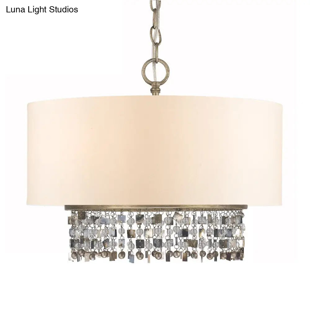 White Fabric Ceiling Chandelier Drum Shade Pendant Light - 5-Light Fixture With Crystal Droplet