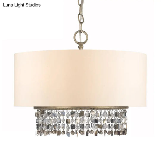 White Fabric Ceiling Chandelier Drum Shade Pendant Light - 5-Light Fixture With Crystal Droplet