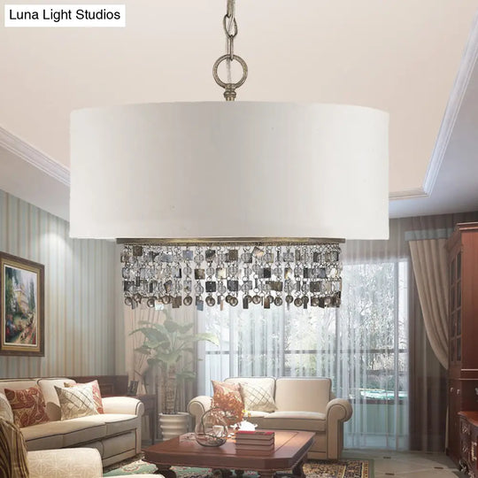 White Fabric Ceiling Chandelier Drum Shade Pendant Light - 5-Light Fixture With Crystal Droplet