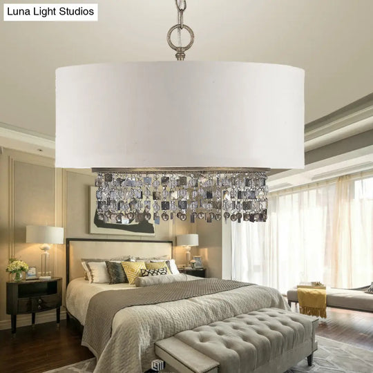 White Fabric Ceiling Chandelier Drum Shade Pendant Light - 5-Light Fixture With Crystal Droplet