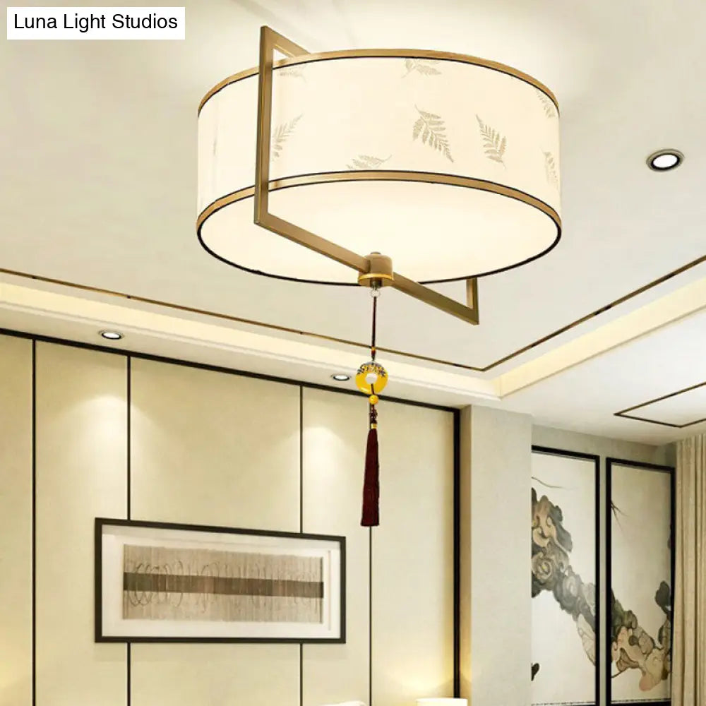 White Fabric Ceiling Mounted Drum Fixture - 5-Light Classic Style Flush Mount Lighting (19.5/23.5