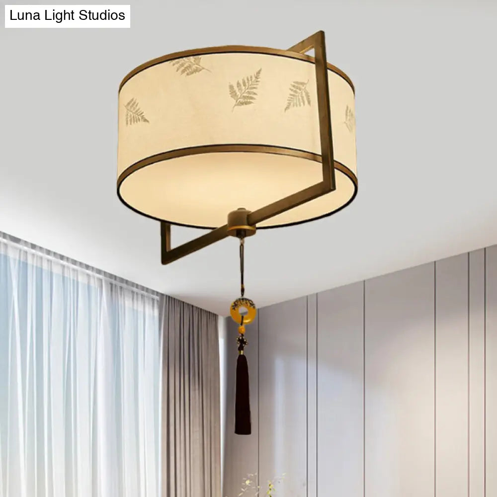 White Fabric Ceiling Mounted Drum Fixture - 5-Light Classic Style Flush Mount Lighting