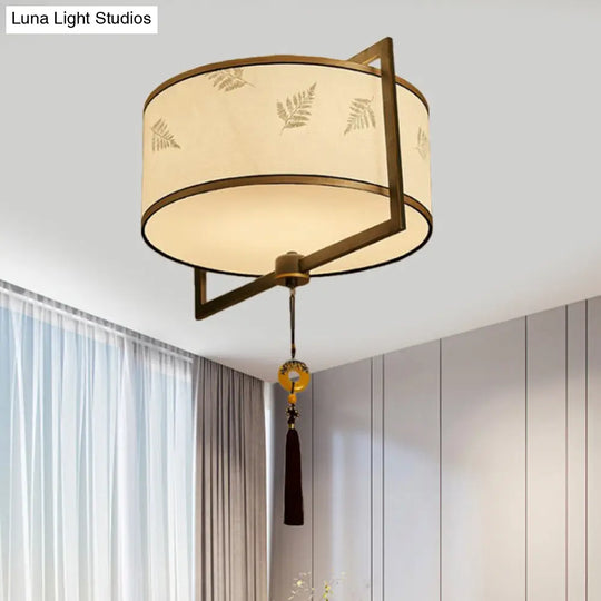 White Fabric Ceiling Mounted Drum Fixture - 5-Light Classic Style Flush Mount Lighting