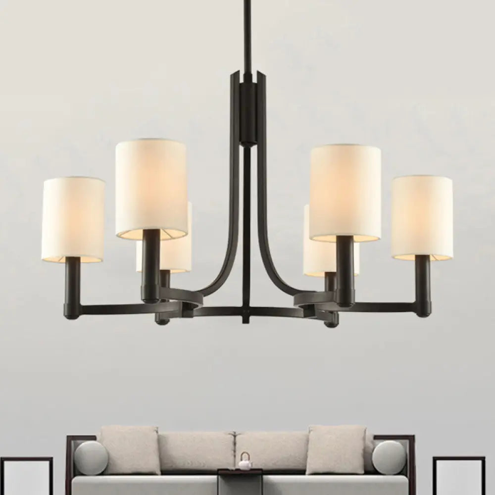 White Fabric Cylindrical Chandelier With 6 Lights - Traditional Living Room Hanging Lamp