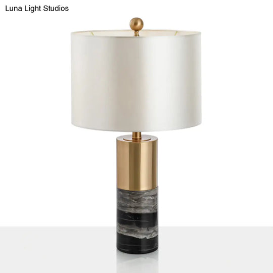 White Fabric Drum Table Lamp With Marble Base - Minimalist Living Room Nightstand Lighting