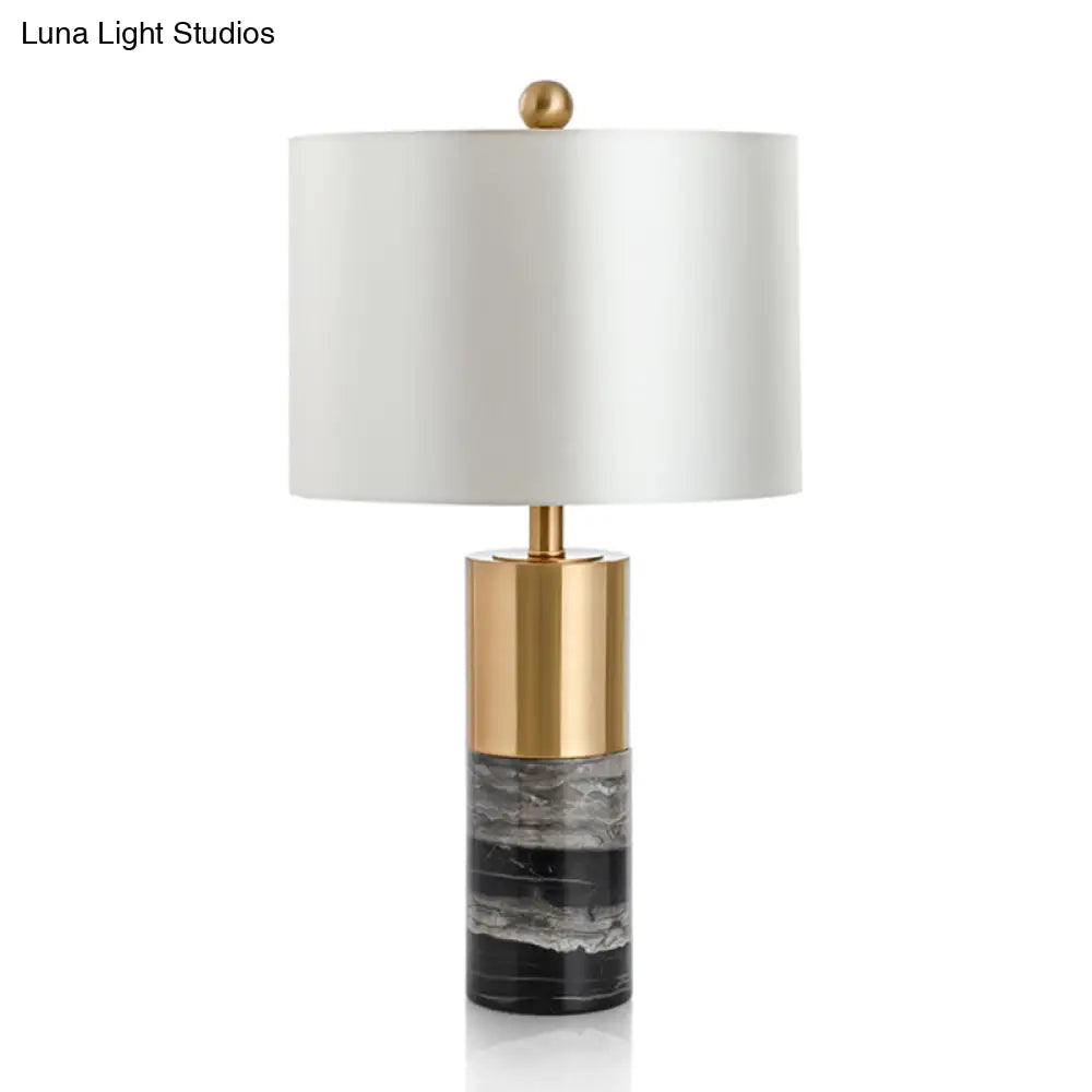 White Fabric Drum Table Lamp With Marble Base - Minimalist Living Room Nightstand Lighting