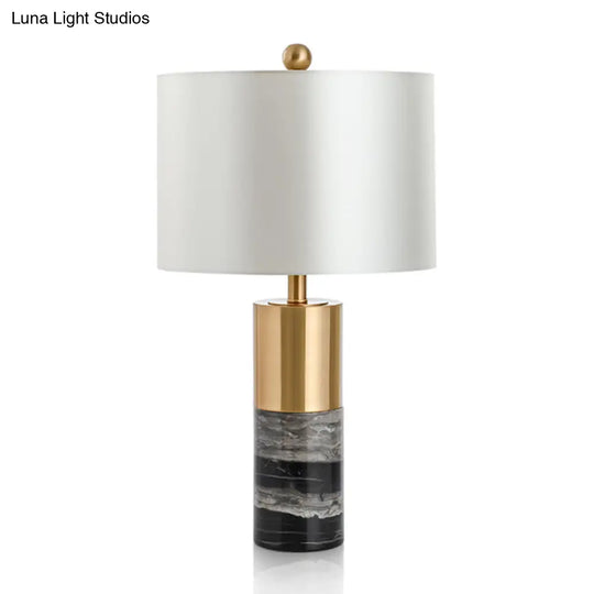 White Fabric Drum Table Lamp With Marble Base - Minimalist Living Room Nightstand Lighting