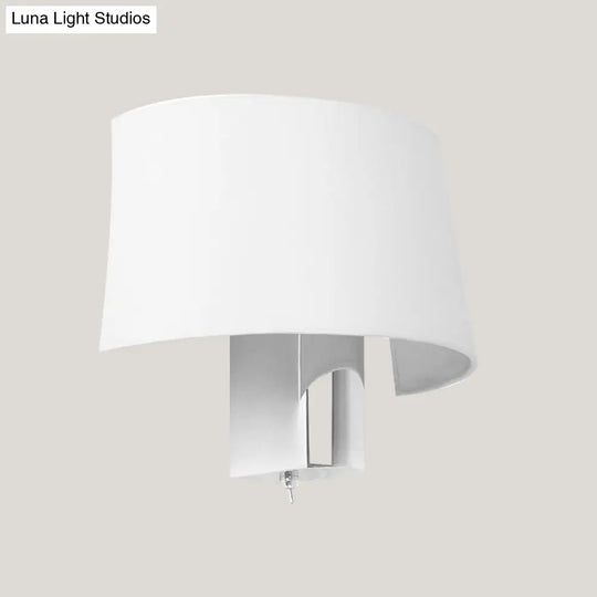 White Fabric Modern Sconce Lamp - Minimalist Bedroom Wall Lighting Idea With Chrome Socket