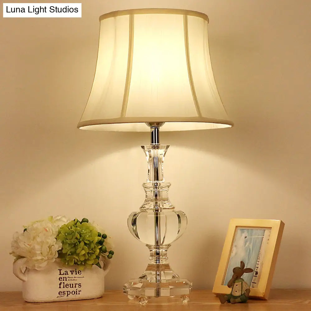 White Fabric Night Lamp With Crystal Base - Elegant Bedroom Table Light 1