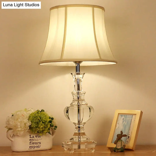 White Fabric Night Lamp With Crystal Base - Elegant Bedroom Table Light 1