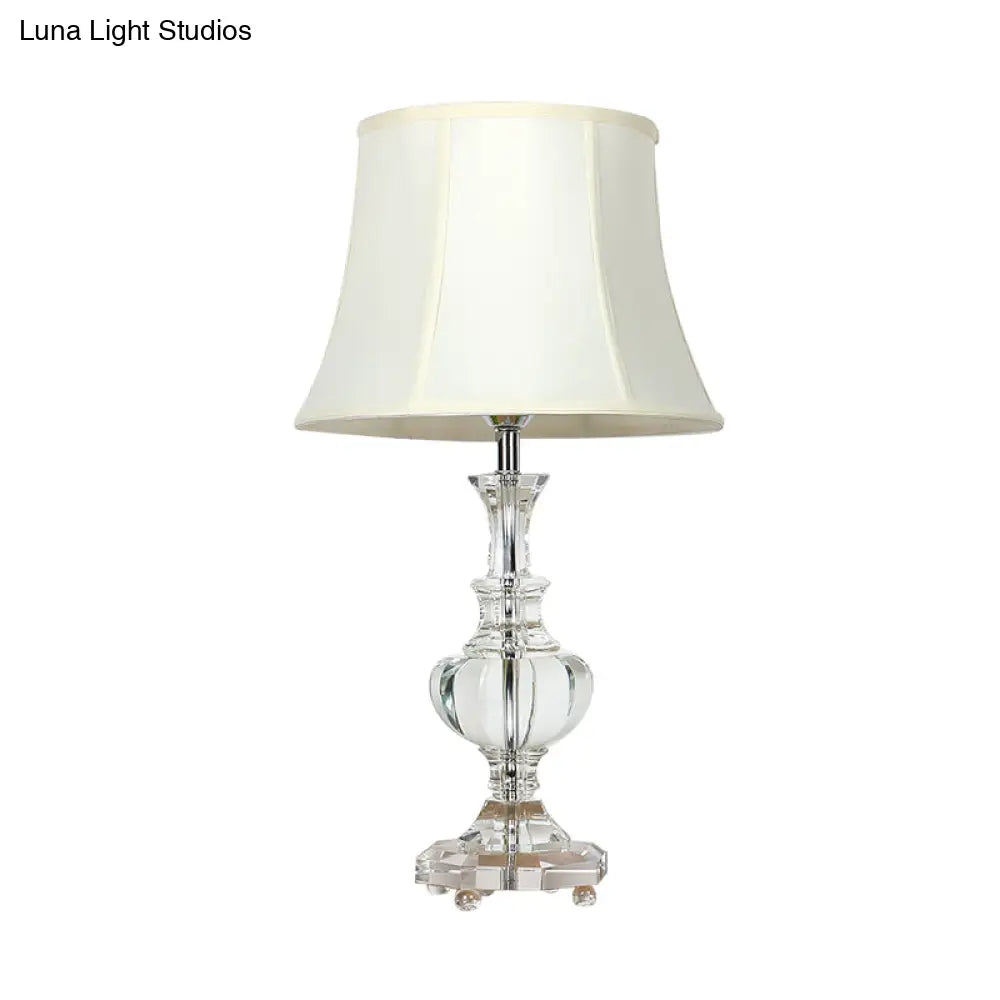 White Fabric Night Lamp With Crystal Base - Elegant Bedroom Table Light 1