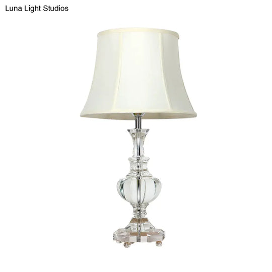 White Fabric Night Lamp With Crystal Base - Elegant Bedroom Table Light 1