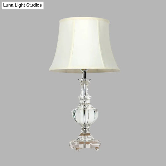 White Fabric Night Lamp With Crystal Base - Elegant Bedroom Table Light 1