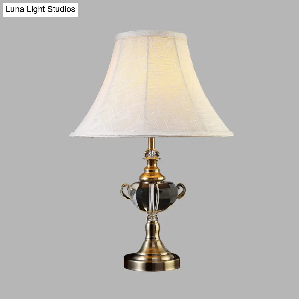 White Fabric Nightstand Lamp: Tapered Traditional 1-Light Table Lamp With Crystal Deco