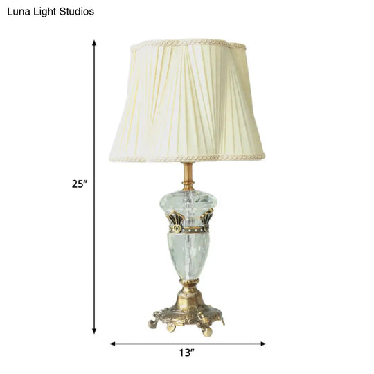 White Fabric Nightstand Lamp: Traditional Drum-Shaped Table Light With Crystal Deco - 1