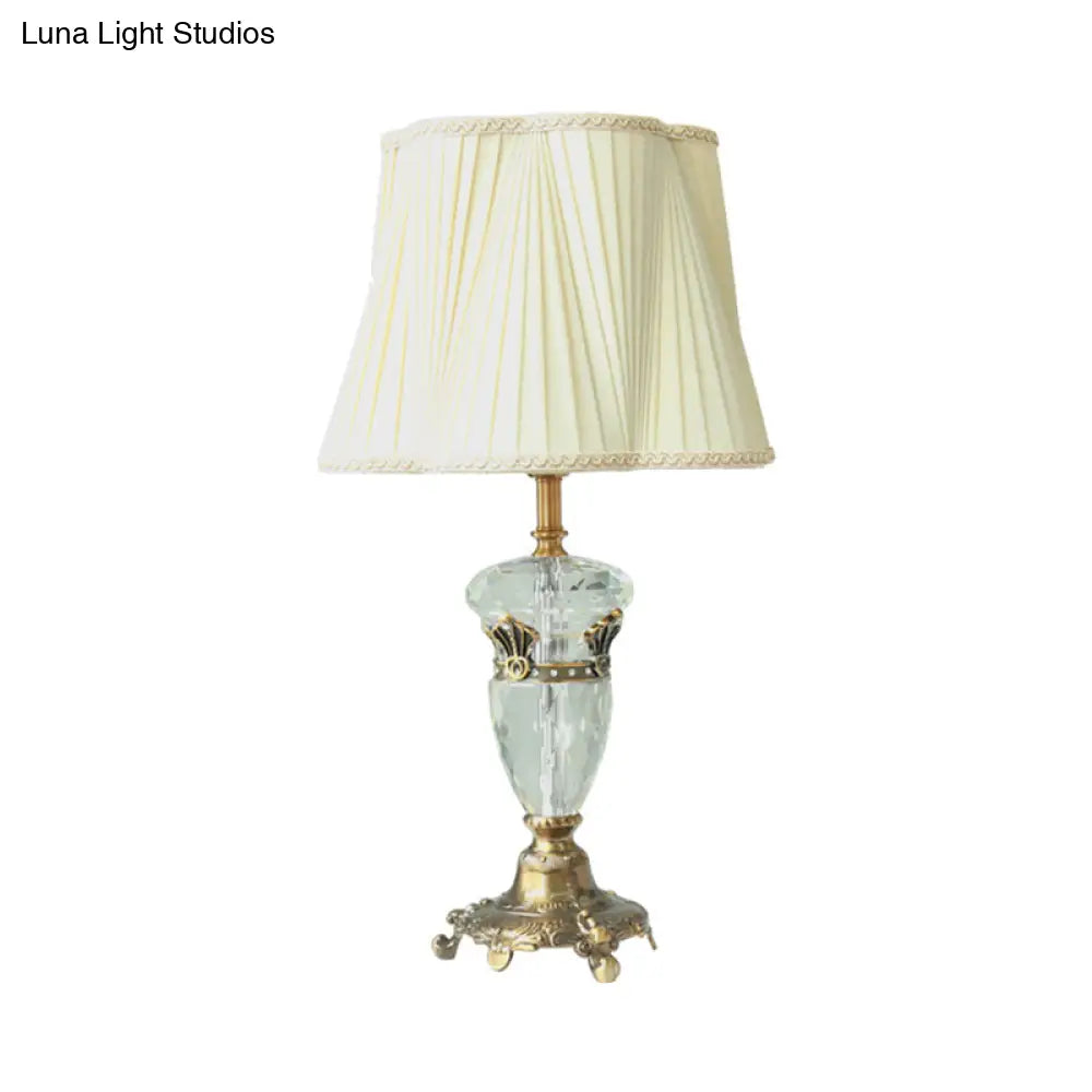 White Fabric Nightstand Lamp: Traditional Drum-Shaped Table Light With Crystal Deco - 1