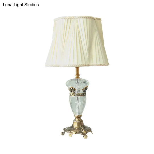 White Fabric Nightstand Lamp: Traditional Drum-Shaped Table Light With Crystal Deco - 1