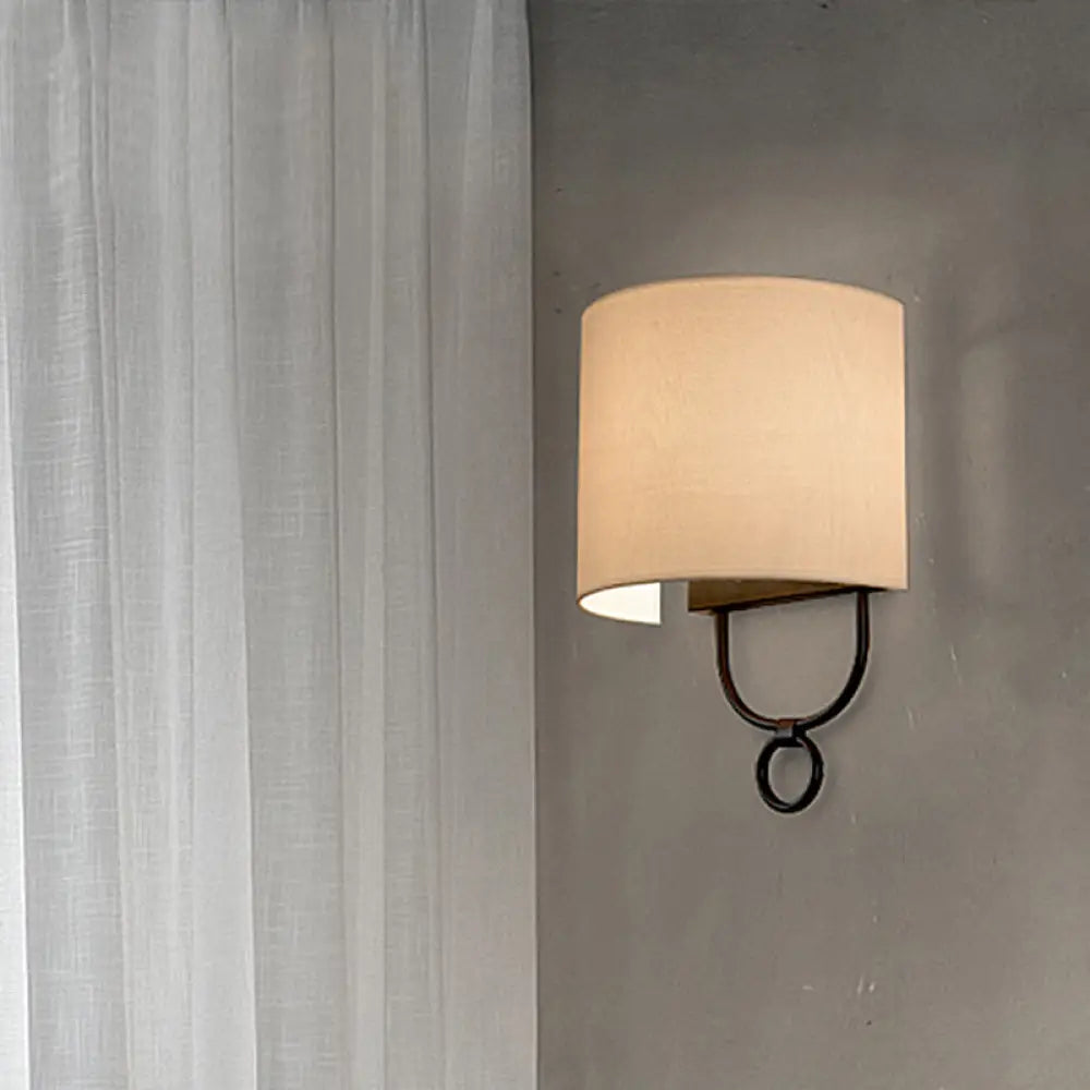 White Fabric Shade Wall Sconce Lighting For Bedroom - Traditional Half-Cylinder Design