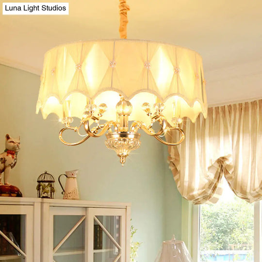 Traditional Round Chandelier With Crystal Stands And 5 Fabric Shaded Lights