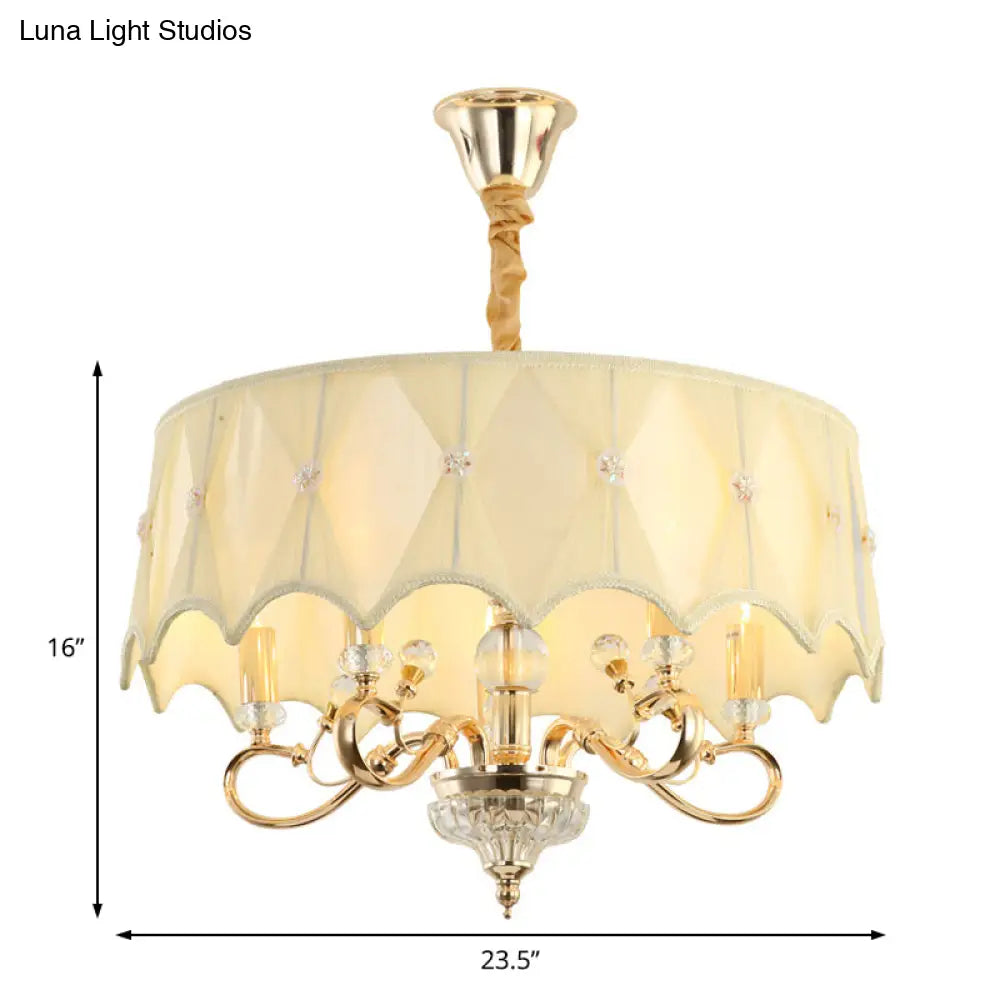 White Fabric Shaded 5-Light Round Chandelier Featuring Crystal Stands - Traditional Ceiling Light