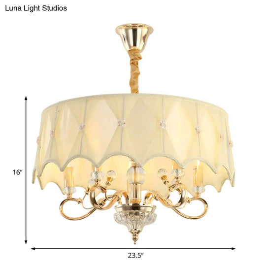 White Fabric Shaded 5-Light Round Chandelier Featuring Crystal Stands - Traditional Ceiling Light