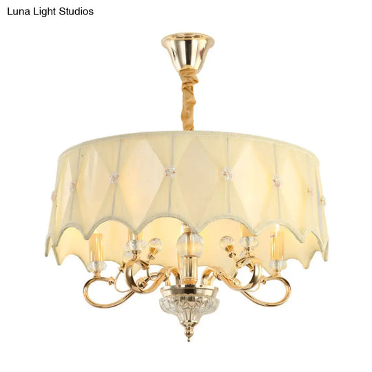 White Fabric Shaded 5-Light Round Chandelier Featuring Crystal Stands - Traditional Ceiling Light