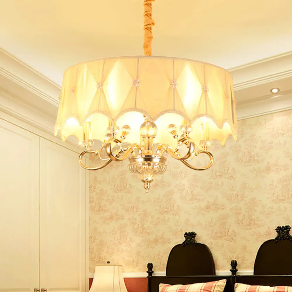 White Fabric Shaded 5-Light Round Chandelier Featuring Crystal Stands - Traditional Ceiling Light