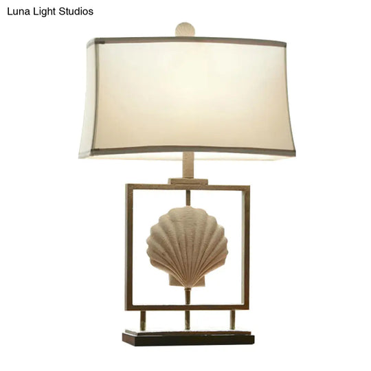 White Fabric Table Lamp: Traditional Rectangle Shape 1-Light Night Light With Shell Decor