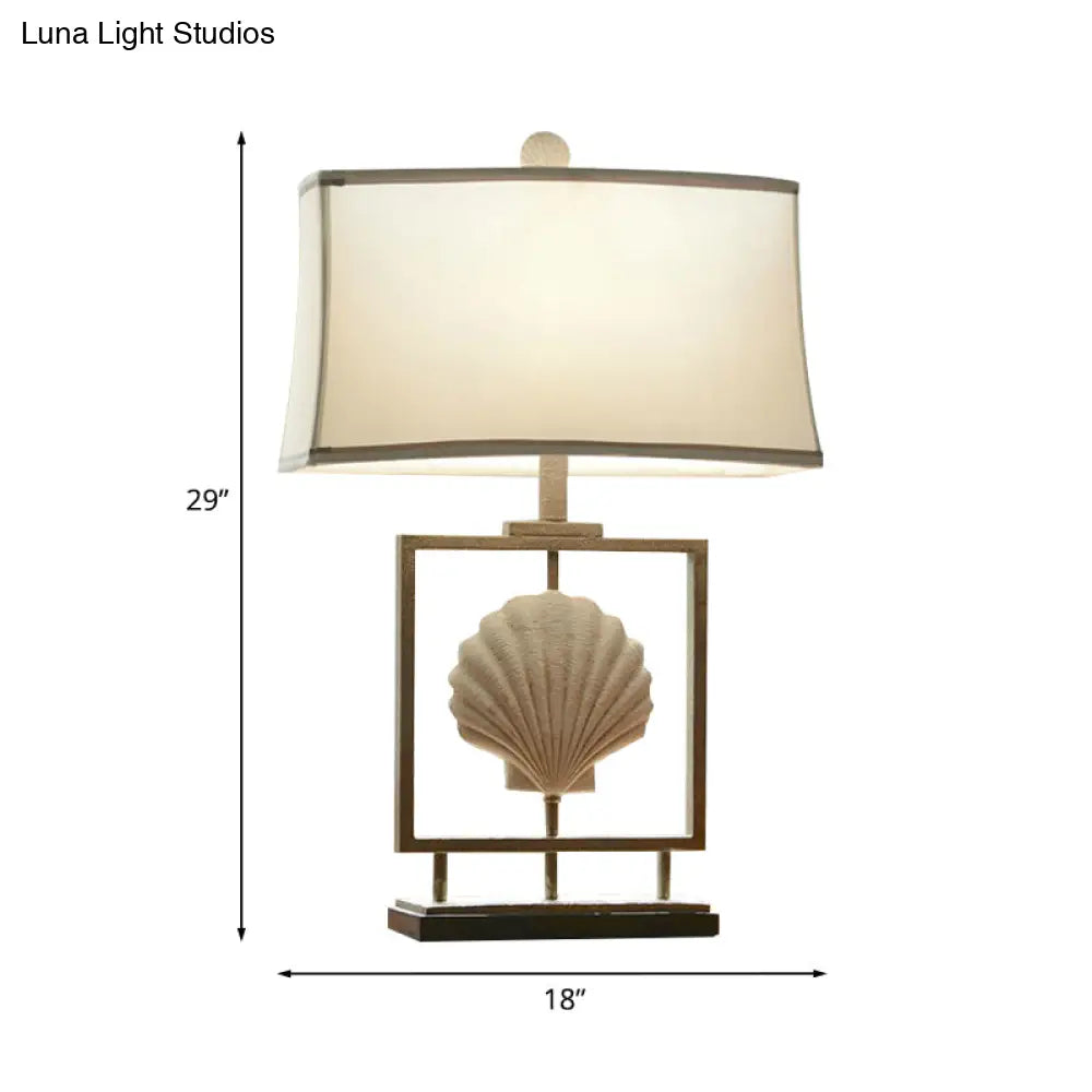 White Fabric Table Lamp: Traditional Rectangle Shape 1-Light Night Light With Shell Decor