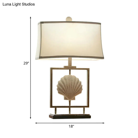 White Fabric Table Lamp: Traditional Rectangle Shape 1-Light Night Light With Shell Decor