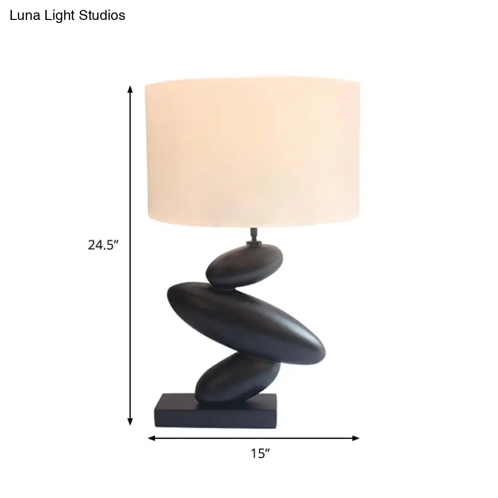 White Fabric Table Lamp With Black Cobble Base - Straight Sided Shade Night