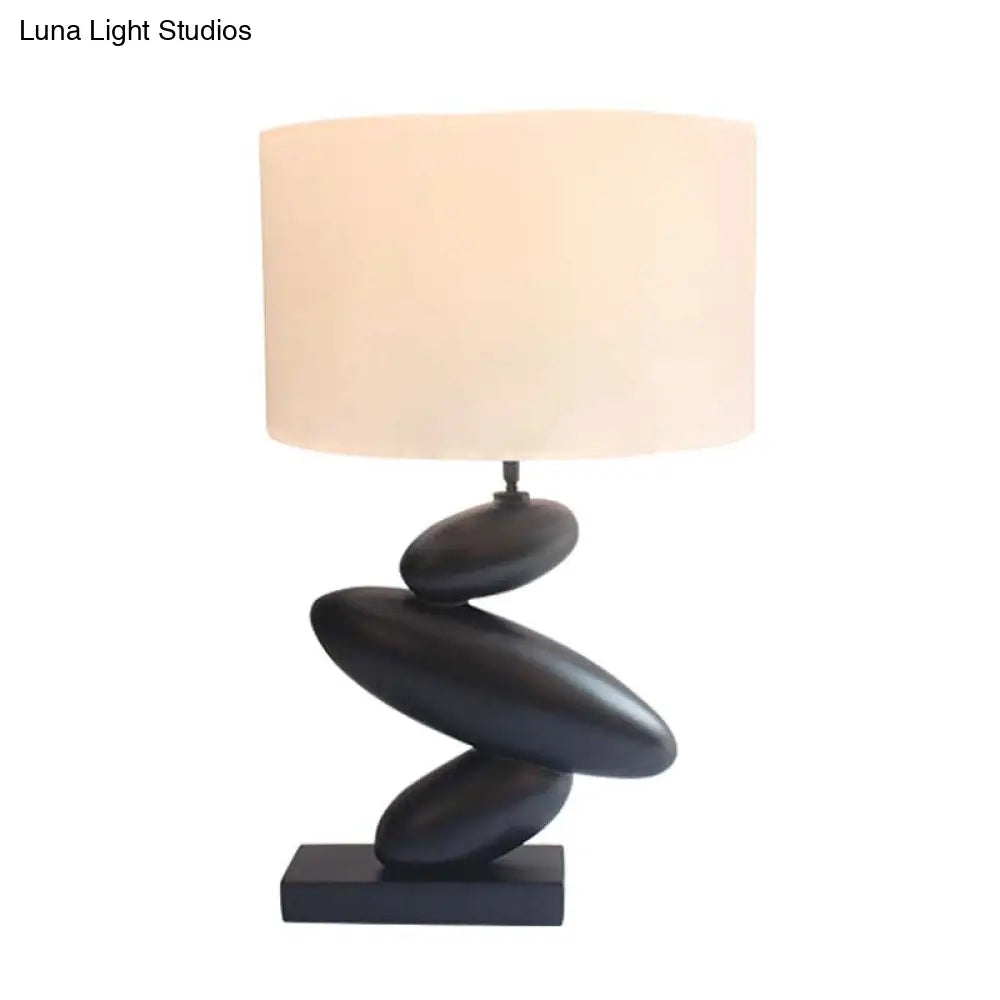 White Fabric Table Lamp With Black Cobble Base - Straight Sided Shade Night