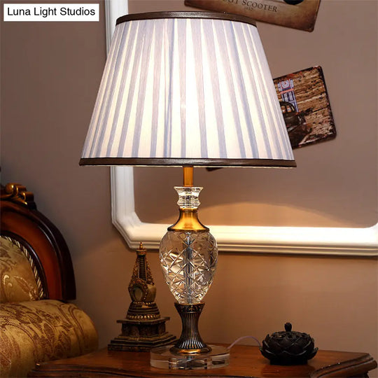 White Fabric Table Light: Traditional Pleated Shade Night Lamp Bedroom Lighting 1-Light