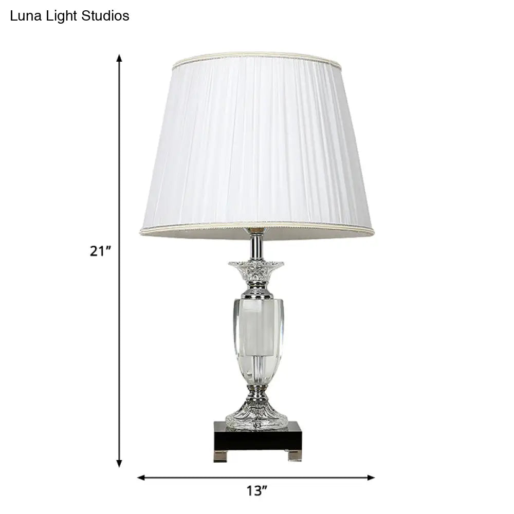 White Fabric Tapered Nightstand Lamp - Traditional Style With Crystal Base 1 Light Night