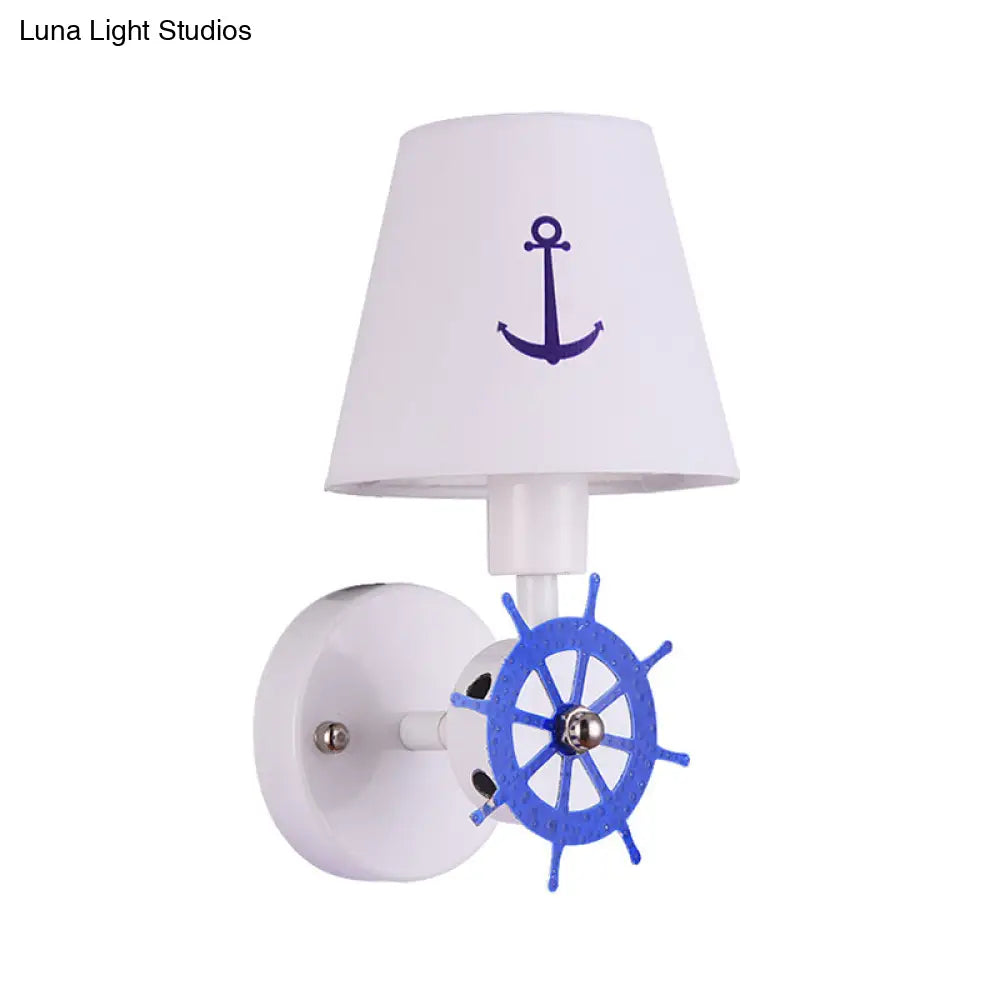 White Fabric Tapered Shade Wall Light Sconce With Rudder Decor - Kids Single Head Lighting