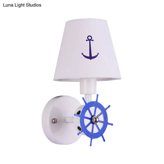 White Fabric Tapered Shade Wall Light Sconce With Rudder Decor - Kids Single Head Lighting