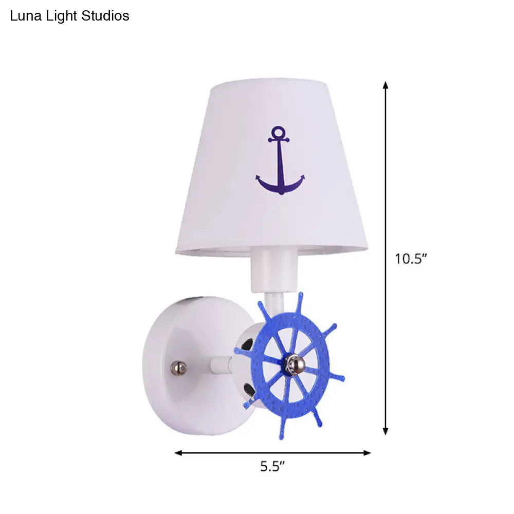 White Fabric Tapered Shade Wall Light Sconce With Rudder Decor - Kids Single Head Lighting