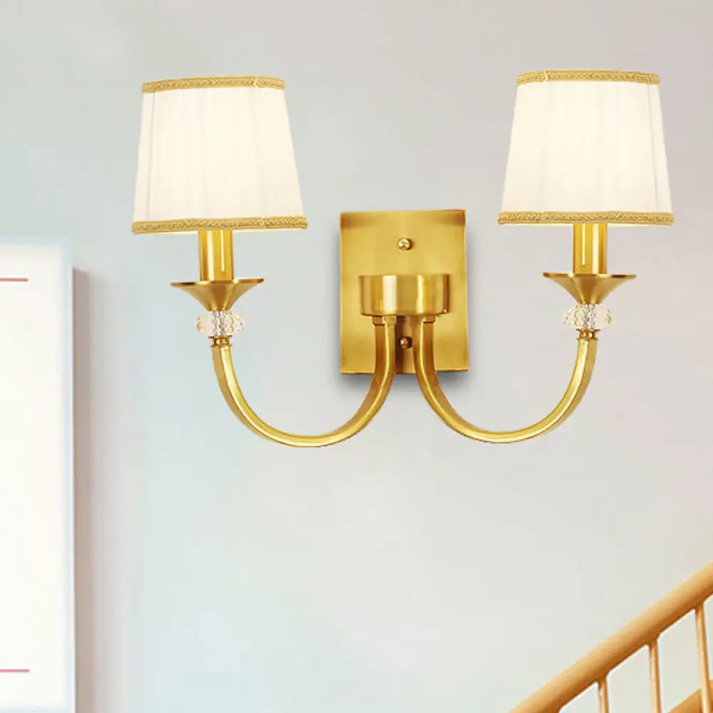 White Fabric Wall Sconce With Traditional Drum And Crystal Accent In Brass - 2 Heads