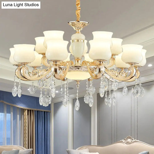 White Faux Jade Urn Pendant Chandelier With Crystal Accent - Modern Hanging Ceiling Light