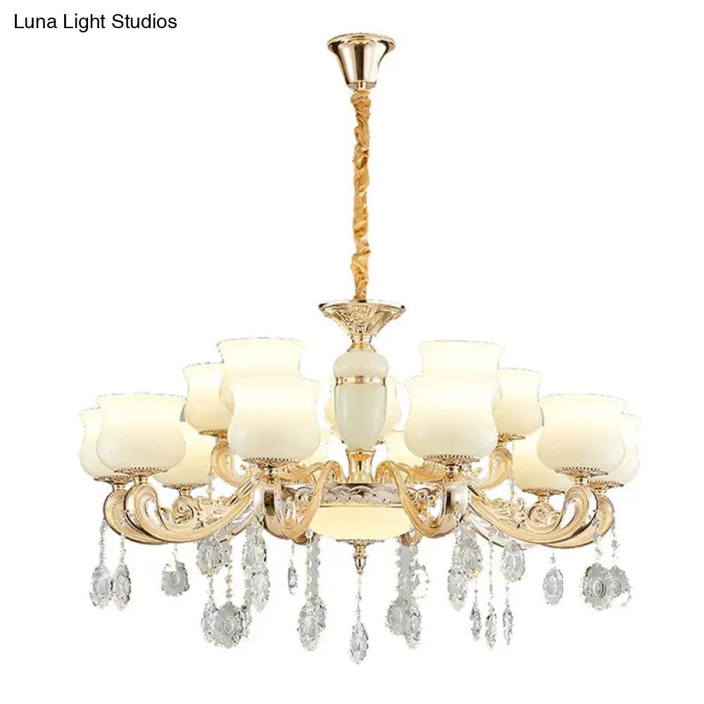 White Faux Jade Urn Pendant Chandelier With Crystal Accent - Modernist Hanging Ceiling Light