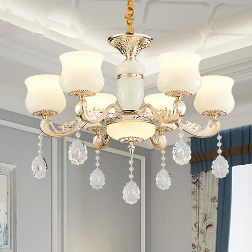 White Faux Jade Urn Pendant Chandelier With Crystal Accent - Modernist Hanging Ceiling Light 6 /