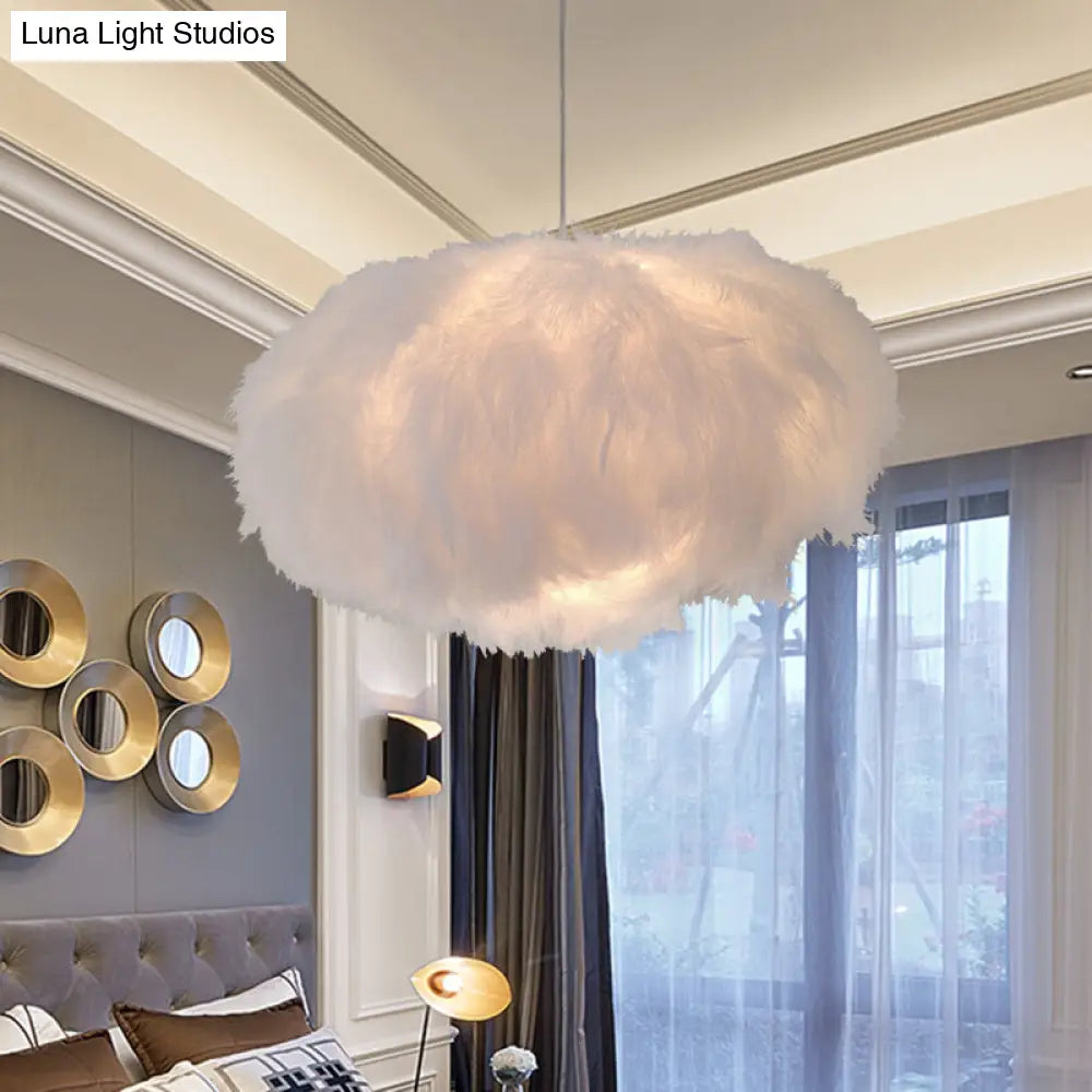 White Feather Cloud Pendant Lamp With Fabric Shade - Modern 1-Light Ceiling Fixture