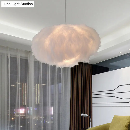 White Feather Cloud Pendant Lamp With Fabric Shade - Modern 1-Light Ceiling Fixture