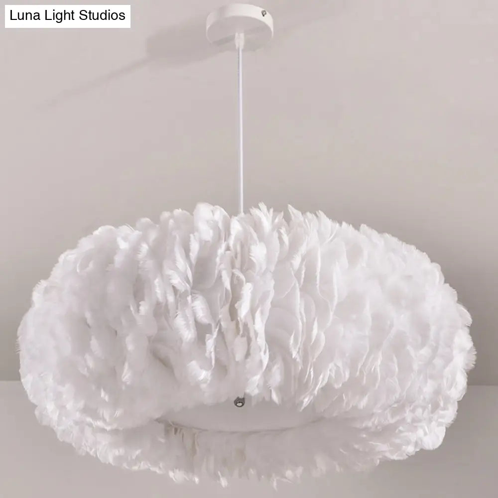 White Donut Pendant Feather Bedroom Ceiling Chandelier - Simple Stylish Lamp / 15.5